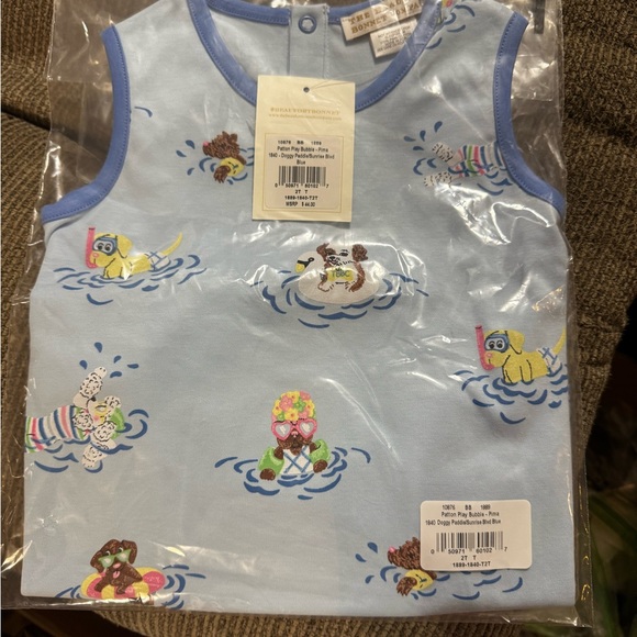 The Beaufort Bonnet Company Other - Blue Sleeveless Baby Romper with puppies Tbbc